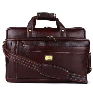Pure Genuine Original Leather 16 Inch Stylish Briefcase Satchel Laptop Messenger Travelling Daily Use Bag With 3 Compartments and Vertical Zipper Front Pocket