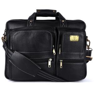 Pure Genuine Leather 15 Inch Double Pocket Briefcase Laptop Messenger Satchel Bag for Men Women